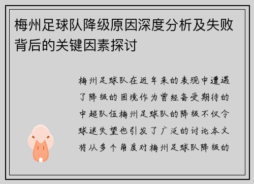 梅州足球队降级原因深度分析及失败背后的关键因素探讨